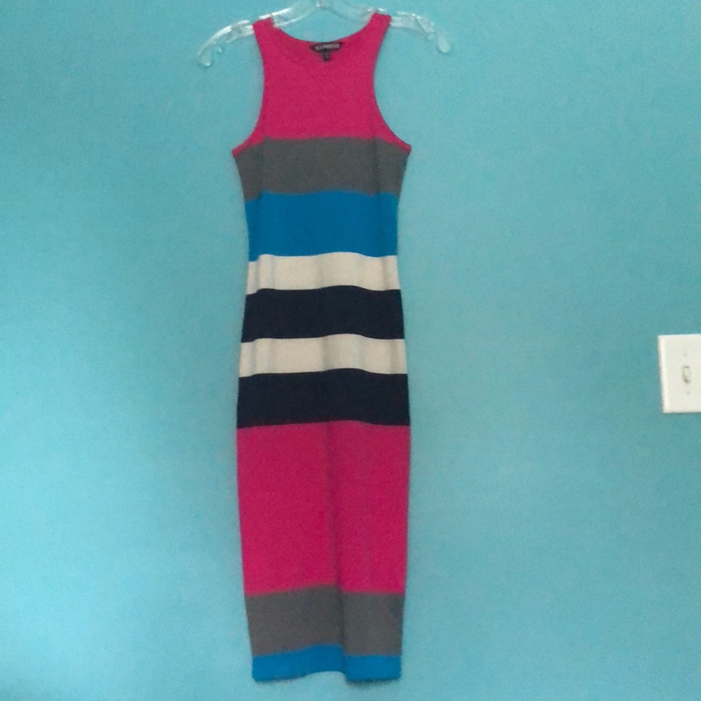 Dress, striped w/ blue cream navy pink and gray,